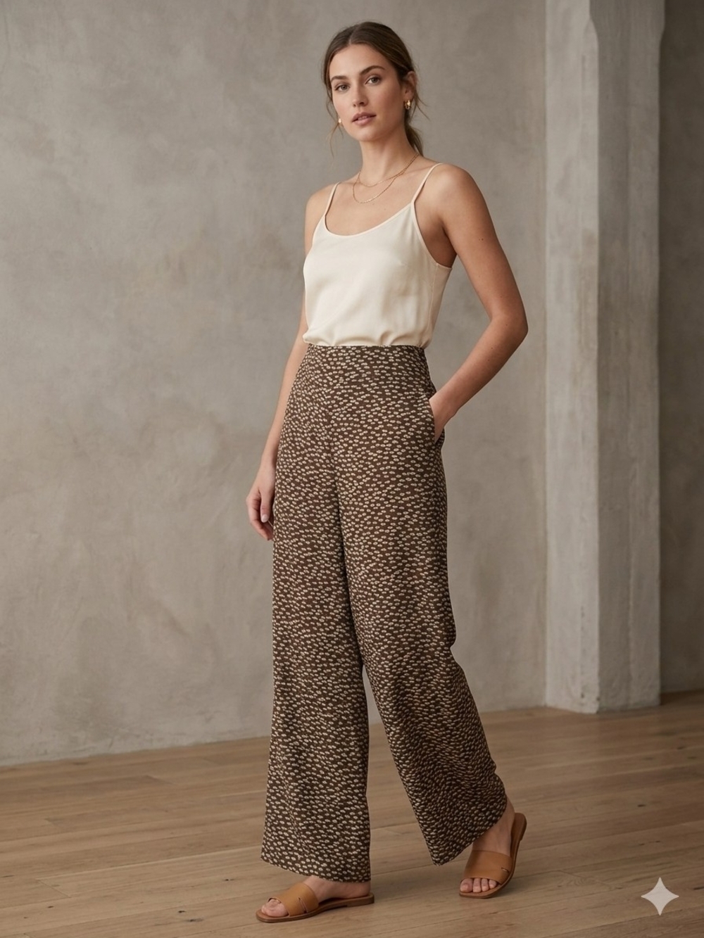 LOFT Kate Cream & Brown Pattern Wide-Leg Pants Trousers Size 8 Office Feminine